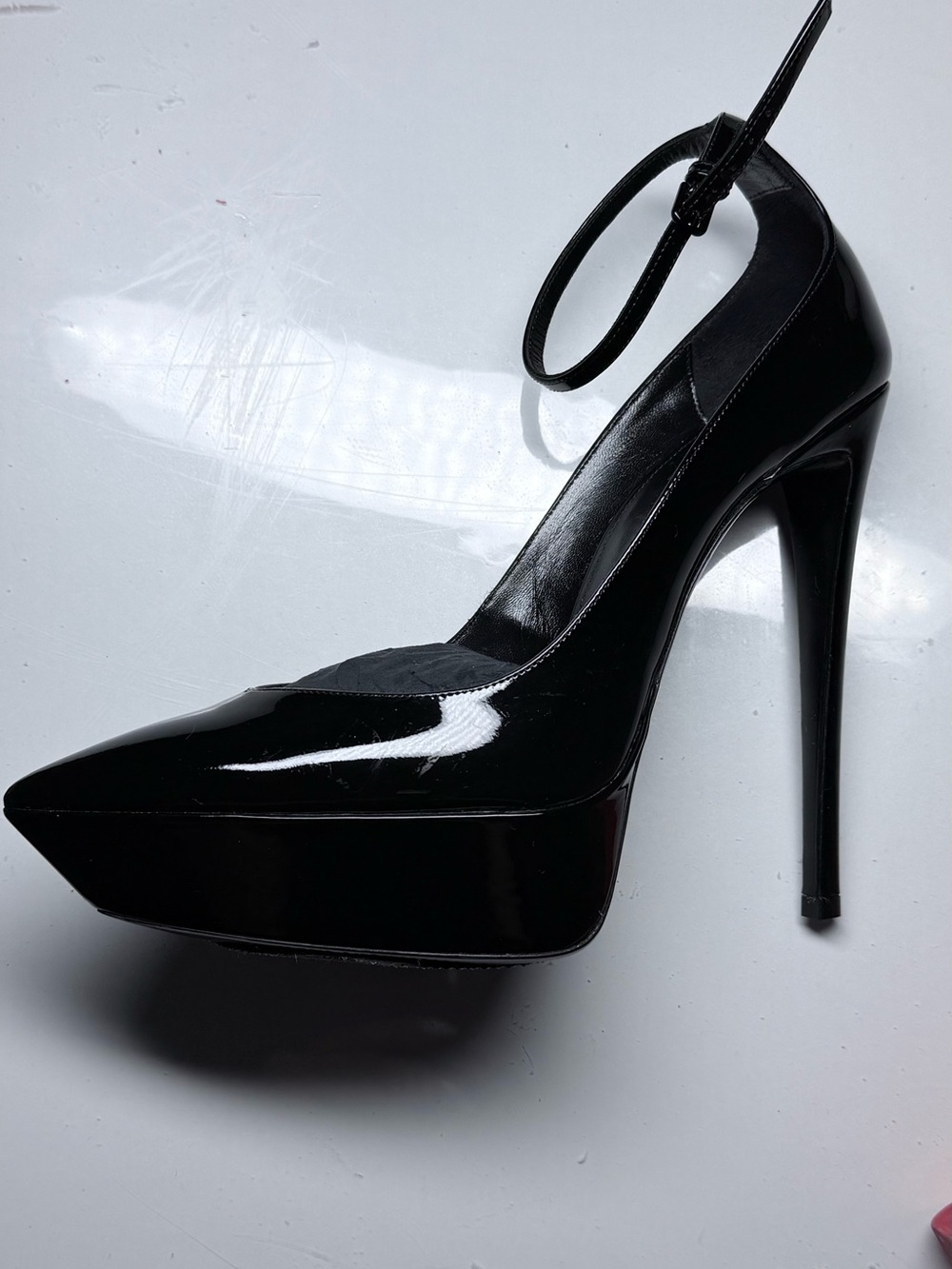 Saint Laurent Black Patent Platform Pump with Ankle Strap